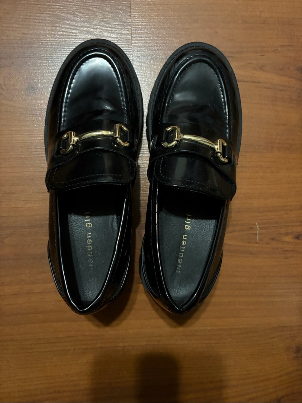Madden Girl Black Patent Loafers with Gold Bit Detail